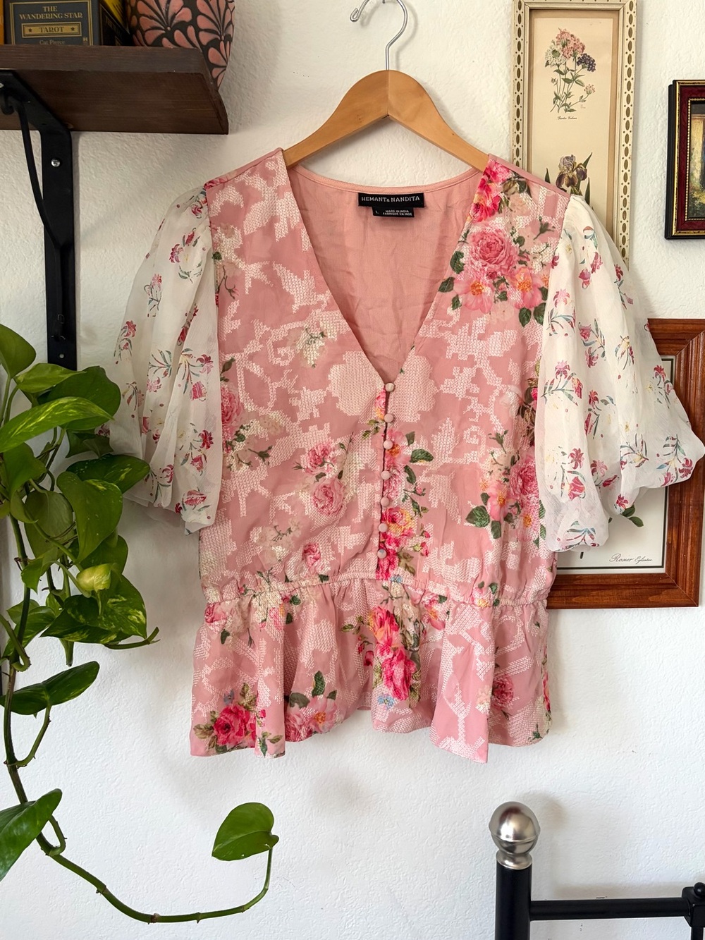 HEMANT & NANDITA for Anthropologie Rose Garden Peplum Blouse Ivory Puff Sleeves